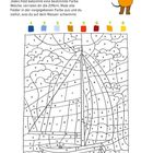 Malen nach Zahlen: Felder mit Farben ausmalen. Farben oben: Blau, Hellblau, Grau, Orange, Rot, Dunkelrot, Braun, Gelb.