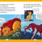 Linke Seite: Text über Vater und Sohn im Königreich. Bild mit zwei Löwen im Gras, einer spricht vom "ewigen Kreis des Lebens". Rechte Seite: Junges Löwenkind und großer Löwe sprechen über Grenzen.