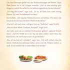 Weihnachtstraditionen. Dialog über Lieblings-Weihnachtsbräuche. Unten sind zwei Teller mit Braten und Spaghetti abgebildet.