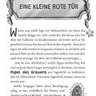 Ein Buchauszug zeigt "EINE KLEINE ROTE TÜR" und eine Weihnachtsdekoration. Darunter ein Kinderzimmer mit verstreuten Gegenständen.