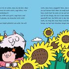 Eine Illustration mit Text über Mira und Karu im Sonnenblumenfeld. Eine große Katze umarmt ein Kind.