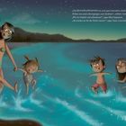 Illustration: Eine Frau und drei Kinder spielen im leuchtenden Wasser bei Nacht, umgeben von Palmen im Hintergrund.