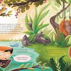 Texte: Die Sonne geht im Urwald auf... Der achtsame Tiger murmelt verschlafen... Irgendwas klingt heute anders im Urwald. Ein fröhliches Illustrationsbild mit Tieren im Dschungel: Tiger, Tapire, Orang-Utans und Äffchen.
