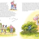 Text: "Tschüss, Mama! Tschüss, Papa!"; "Wer war das denn?"  
Illustration: Kinder verabschieden sich, spielen Kissen werfen, Vogel im Busch.