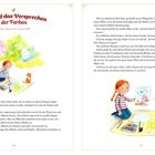 "Lea und das Versprechen der Farben. Jeder Tag ist ein neues Bild." Zwei Illustrationen eines Mädchens mit Malbuch.