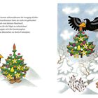Text beschreibt eine hungrige Krähe, die begeistert über ein Weihnachtsessen ist. Links eine Zeichnung der Krähe mit Baum.
