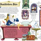 Texte beschreiben Dumbledores Büro in Hogwarts mit Illustrationen von Objekten wie dem sprechenden Hut, Schwert Gryffindors, und Fawkes.