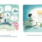 Ja, er wusste alles über Tiere. Er wollte am liebsten aus Naturbüchern vorgelesen bekommen. Und er sah sich Filme über die Wildnis im Fernsehen an. Eine Illustration zeigt ein Kind mit einer Frau auf dem Sofa, umgeben von Sprechblasen mit Tieren, und ein Kind, das Tierfilme im Fernsehen schaut.