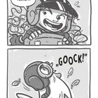 Ein Kind mit Helm sagt "FERTIG..." Ein Vogel mit Brille reagiert mit "GOOCK!" Federn fliegen. Seite 11.