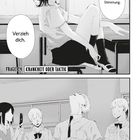 Eine Person sitzt auf einem Tisch. Text: "Verzieh dich.", "Bin grad nicht in Stimmung." Darunter drei Personen, eine filmt.