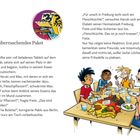 „Ein überraschendes Paket“ ist der Titel. Illustration: Fünf Kinder sitzen fröhlich am Tisch und essen.