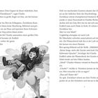 Seite mit Text über Charlies Abenteuer. Rechts unten eine Zeichnung: Junge wird von Wasser hochgeschleudert, Schaf schaut zu.