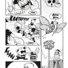 Eine Comic-Seite mit lebhaften Szenen: Person isst etwas Heißes, Insektenbrummen, Boxkampf, und ein Hund öffnet Konserven.