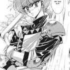 Text: "Wer seid ihr?!" Junge mit Schwert und Rüstung, Manga-Stil, steht vor einem Baum.