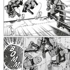 Text: "KANG" und "BOMM". Drei Männer in Rüstungen springen von einer Plattform. Explosion und Bewegungslinien. Comic-Stil.
