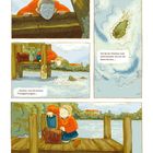 Text: "Ich erkundete ihn allein an all seinen Ufern. Ich lernte fischen und schwimmen, bevor ich lesen lernte,... fischte von all seinen Fischgattungen,..."

Ein Junge in rotem Pullover beobachtet Wasser von einem Steg. Er packt seinen Rucksack.

