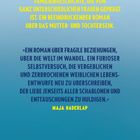 Zitat in Gelb und Blau über eine Familiensaga und fragile Beziehungen, signiert von Maja Haderlap. Unten steht "zsolnay.at".
