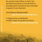 Text über einem gelben Hintergrund: Zitate und Lob für das Werk von Gianfranco Calligarich. Darunter eine Stadtansicht.