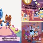 Zwei Illustrationen von hundeähnlichen Figuren. Links: "Für die Liebe geht man noch ein Stückchen weiter." Rechts: Nacht-Szene im Kinderzimmer.
