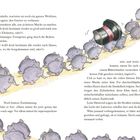 Text: „Als es dunkelte, warteten sie noch ein ganzes Weilchen...“ Illustration: Kleine Elefanten marschieren, einige tragen einen Zylinderhut.