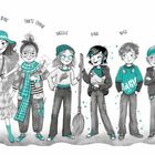TEXTE: Tante Geraldine, Tante Emma, Mellie, Pina, Noel, Robin.  
Illustration von sechs stilvoll gekleideten Personen.