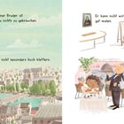 "Mein kleiner Bruder ist zu nichts zu gebrauchen. Er kann nicht besonders hoch klettern. Er kann nicht wirklich gut malen. Und beim Essen macht er immer eine riesige Sauerei." Illustration zeigt Kind auf Eiffelturm, malend und beim Essen.