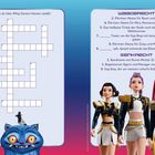 Rätsel mit Hinweisen zu "KPop Demon Hunters". Darstellung von drei animierten Figuren in schwarzen und weißen Kostümen.