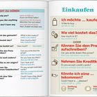 Text: "Einkaufen". Ein Leitfaden mit Phrasen und deren englischer Übersetzung, z.B. "Wie viel kostet das?"
