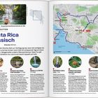 Titel: "Costa Rica klassisch". Dauer: 9 Tage, Strecke: 800 km. Beschreibung einer Reiseroute mit Standorten wie San José und Montezuma. Auf der rechten Seite ist eine Route auf einer Karte mit markierten Stationen und Bildern zu sehen.
