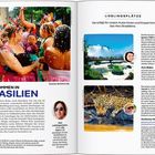 Zwei Seiten aus einem Reisemagazin, thematisch zu Brasilien. Oben links, Bild von Karnevalsfeier; rechts, Bilder von Natur und Tieren.