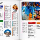 Linke Seite: "INHALT", Rubriken wie Reiseplanung und Reiseziele, Orte wie Marrakesch und Hoher Atlas. 
Rechte Seite: Foto einer blauen Straße, Person in orangefarbener Kleidung.