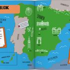 "Auf einen Blick". Schnelle Fakten über Spanien: Hauptstadt Madrid, 49 Millionen Einwohner, produziert viel Olivenöl.