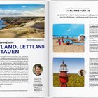 Links der Text "ALLERLEI WILDES" und darunter Informationen zu Nationalparks in Estland, Lettland und Litauen. Rechts eine Frau auf einem Holzsteg in einer Moorlandschaft.