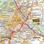 Eine detaillierte Straßenkarte zeigt Wien und umliegende Stadtteile. Orte wie Floridsdorf, Donaustadt und Favoriten sind markiert.