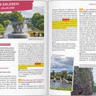 **Texte:** "Mehr Erleben am Oslofjord", "Oslo und Umgebung", "Zu Fuß", "Vigelands imposante Skulpturen", "Wanderung nach Konglungen", "In der Wildnis der Nordmarka".

**Beschreibung:** Links Bild von Wasserfontäne im Park, rechts schmale Schlucht. Beiden Bilder mit grünem Hintergrund.