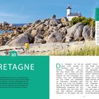 "Bretagne: Authentisches Frankreich ohne Pariser Trubel. Perfektes Ziel für Abenteuer und Genussmomente." Im Hintergrund: Küste und Leuchtturm.