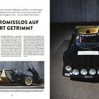 "Kompromisslos auf Sport getrimmt" steht über zwei Textspalten. Daneben ein sportlicher, schwarzer Rennwagen.