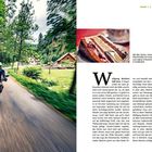 Links: "Tour 1 Nordschwarzwald". Bild eines Motorradfahrers auf einer Waldstraße. Rechts: Text über Wolfgang Reichert und Schwarzwälder Spezialitäten.