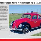 Text: "Kommandowagen KdoW / Volkswagen Typ 1 (1958)" und "FREIW FEUERW EHR MEMMINGEN". Roter VW Käfer als Feuerwehrwagen.