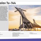 Tupolev Tu-144. Technische Daten: Typ: Tupolev Tu-144, Erstflug: 1979. Illustration eines Flugzeugs bei Sonnenuntergang.