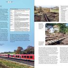Seite 26: "EIFELSTRECKE". Tabelle über Streckenname und Details. Fotos von Bahngleisen, Teilen sind beschädigt. Roter Zug fährt.