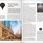 #1: Wo Mailands Herz schlägt – rund um den Dom. Dem Mailänder Dom können Sie aufs Dach steigen und ein anderes Lichtverhältnis bewundern. Ein Foto zeigt die gotische Architektur des Doms. Links ist ein Foto des Doms bei Tageslicht, rechts eine enge Fensteransicht mit Glocken.