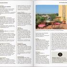 Texte: "In fremden Betten", "Beim Papst", "Istituto Maria SS. Bambina", "Mit Marktblick", "Trastevere", "Traumhaft", "Im Schatten". 

Links eine Seite mit Hotelbeschreibungen. Rechts ein sonniger Balkon mit Tisch, Stühlen und Pflanzen.