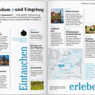 Doppelseite eines Reiseführers über Potsdam mit Informationen und Bildern zu Sehenswürdigkeiten und Stadtteilen.