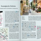 Seite übersicht mit Text "Nostalgische Zeitreise". Foto zeigt belebte Gasse mit Kunstgalerien und Straßencafés.