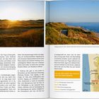 "FAZIT: DAS BESTE KOMMT ZUM SCHLUSS. SEI ES NACH EINEM TRAUMTAG." Zwei Landschaftsbilder mit Dünen und Meer bei Sonnenuntergang.