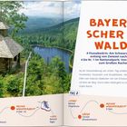 "Bayerischer Wald" groß in orange, Routenbeschreibung von Zwiesel zu Regen, Bild zeigt Kapelle mit See und Wald im Hintergrund.