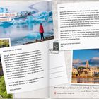 "18, Mit Schal und Mütze im Hochsommer." Postkarte und Landschaftsbilder von Wasserfällen, Eisbergen und einer malerischen Stadt.