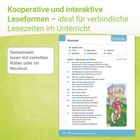 Kooperative und interaktive Leseformen, ideal für verbindliche Lesezeiten im Unterricht. Gemeinsam lesen mit verteilten Rollen oder im Wechsel. Ein Text über Szenen aus "Rapunzel" wird präsentiert. Eine Illustration zeigt eine Szene mit einem Haus und einer Person im Garten.