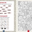 Linke Seite: Wörter und Formen für Denkaufgaben. Rechte Seite: Blumenmuster zum Ausmalen.